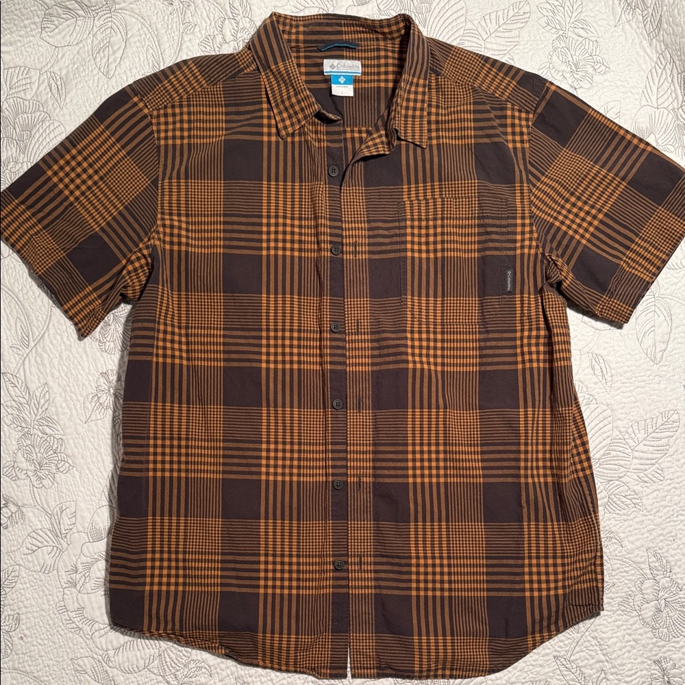 Columbia Men's Orange and Brown Plaid Shirt